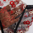 Set sexy de cinturon de liguero negro con flores bordadas en malla, sosten y panty con aro de acero