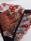 Set sexy de cinturon de liguero negro con flores bordadas en malla, sosten y panty con aro de acero