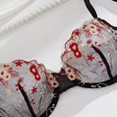 Set sexy de cinturon de liguero negro con flores bordadas en malla, sosten y panty con aro de acero