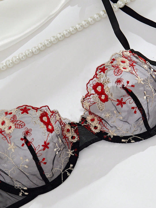 Set sexy de cinturon de liguero negro con flores bordadas en malla, sosten y panty con aro de acero