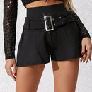 Glamour Pantalones Cortos De Cintura Alta Para Mujer Con Cinturon Y Hebilla