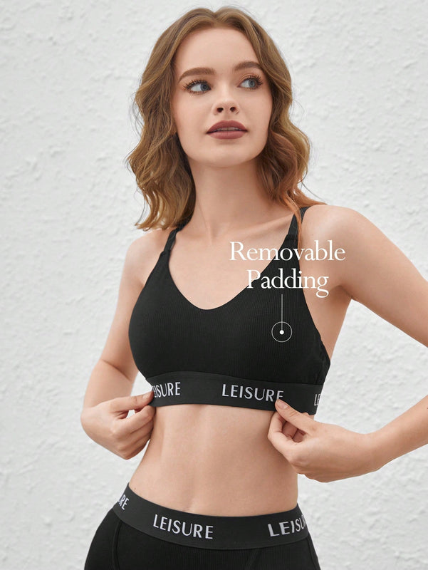 Leisure Conjunto De Sujetador Impreso En Letras Negras Para Las Mujeres, Conjunto De Lenceria