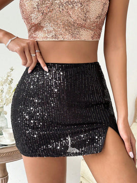 Glamour Falda Mini Con Brillo Y Abertura Alta