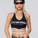Coolane Top Con Cuello Halter Y Estampado De Letras Con Lazo En La Cintura Para Mujer