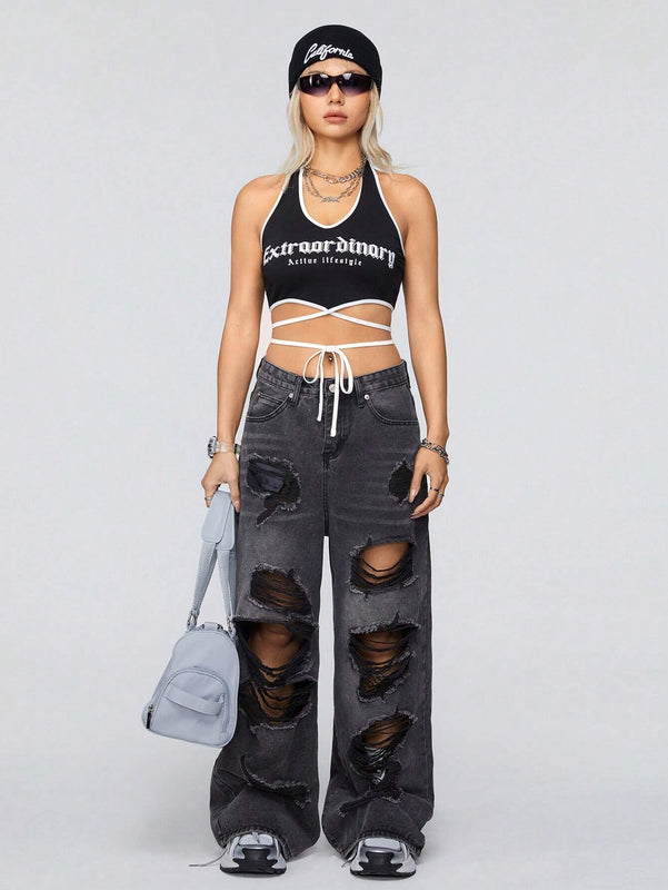 Coolane Top Con Cuello Halter Y Estampado De Letras Con Lazo En La Cintura Para Mujer