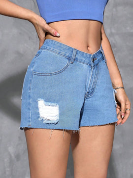 EZwear Pantalones Cortos De Mezclilla Con Dobladillo Crudo Y Bolsillos Inclinados Y Desgastados