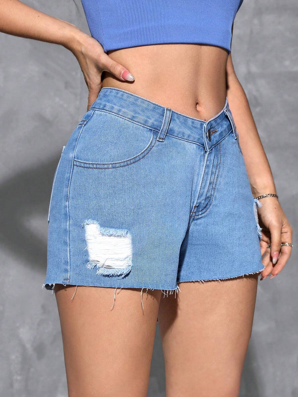 EZwear Pantalones Cortos De Mezclilla Con Dobladillo Crudo Y Bolsillos Inclinados Y Desgastados