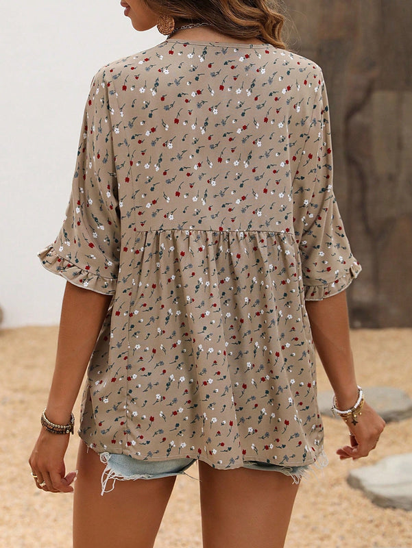 VCAY Blusa Pequena Con Estampado Floral Y Mangas Con Volantes