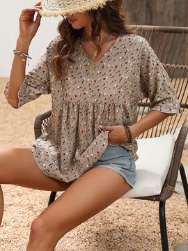 VCAY Blusa Pequena Con Estampado Floral Y Mangas Con Volantes