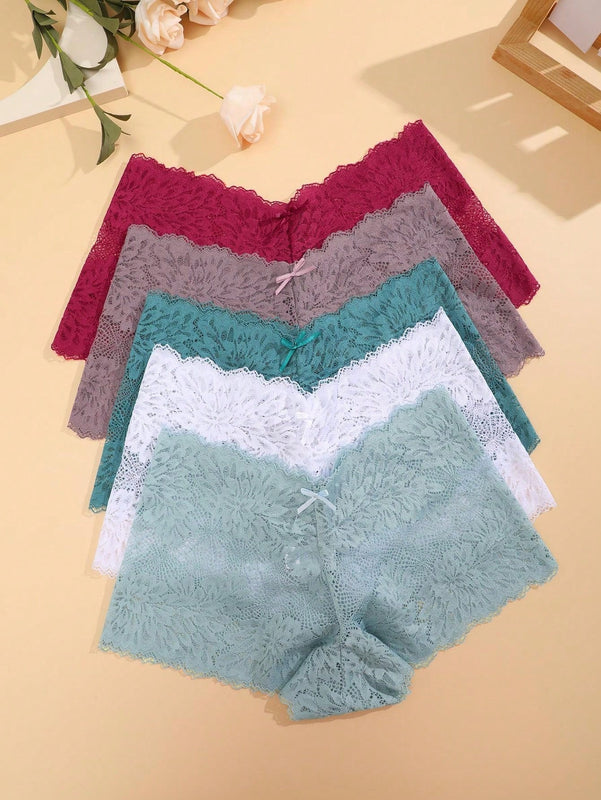FINETOO Conjunto de 5 bragas de encaje para mujer con detalles de lazo y estampado floral de lazo