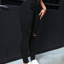 PETITE Pantalones ajustados de unicolor para damas con efecto desgastado