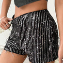 Glamour Pantalones Cortos Con Lentejuelas Y Borlas De Cintura Elastica