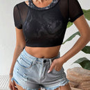 Camiseta Ajustada Con Estampado De Dragon, Acoplamiento De Malla De Corte Entrelazado 2 En 1