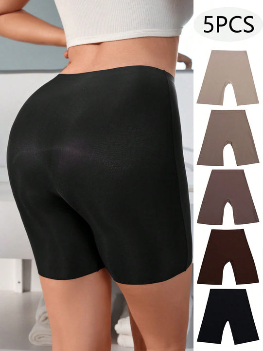 5 Piezas Calzones Sin Costura De Pierna Cuadrada Y Color Solido Sin Huellas