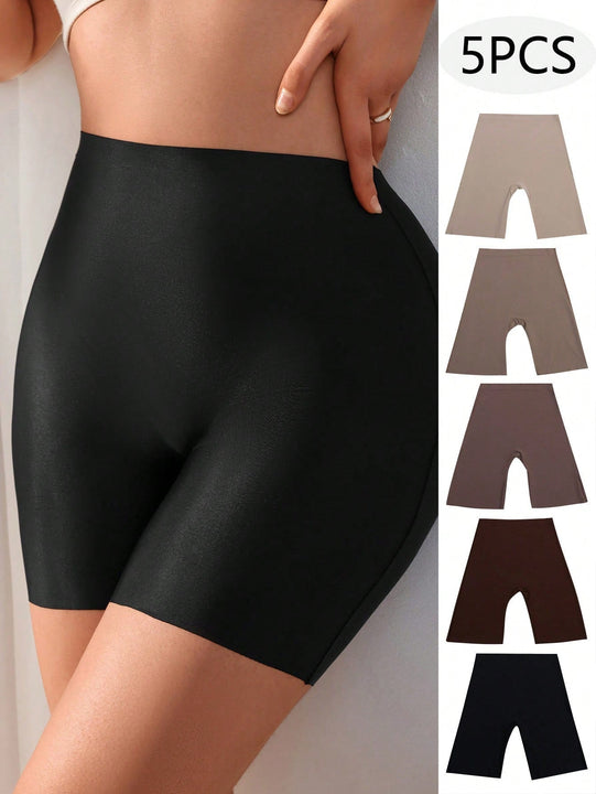 5 Piezas Calzones Sin Costura De Pierna Cuadrada Y Color Solido Sin Huellas