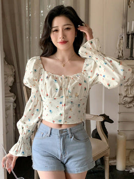 Dazy Designer Blusa Con Mangas De Hoja De Loto Y Estampado Floral Para Mujer