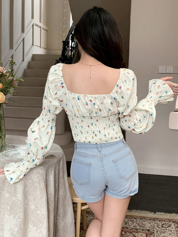 Dazy Designer Blusa Con Mangas De Hoja De Loto Y Estampado Floral Para Mujer