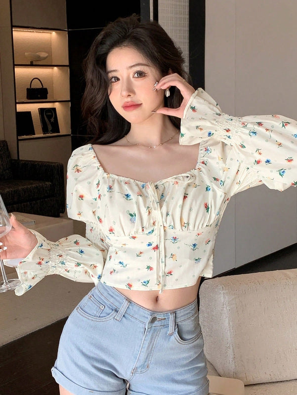 Dazy Designer Blusa Con Mangas De Hoja De Loto Y Estampado Floral Para Mujer