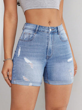 Shorts Vaqueros De Corte Slim Con Efecto Desgastado Y Lavado Y Bolsillos Diagonales