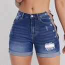 Pantalones Cortos De Mezclilla Ajustados Con Lazo Cruzado Y Cadena Con Dobladillo Deshilachado Rasgados Para Mujer