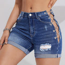 Pantalones Cortos De Mezclilla Ajustados Con Lazo Cruzado Y Cadena Con Dobladillo Deshilachado Rasgados Para Mujer