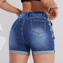 Pantalones Cortos De Mezclilla Ajustados Con Lazo Cruzado Y Cadena Con Dobladillo Deshilachado Rasgados Para Mujer