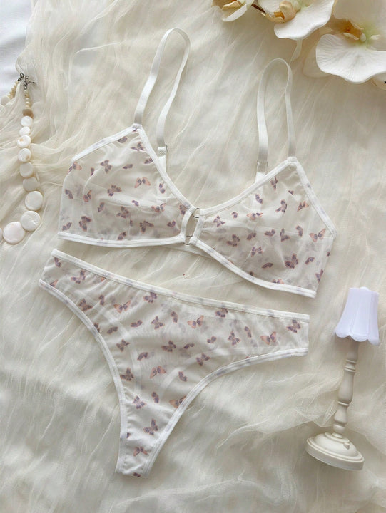 Conjunto De Lenceria Sexy De Malla De Mariposa Con Estampado Floral