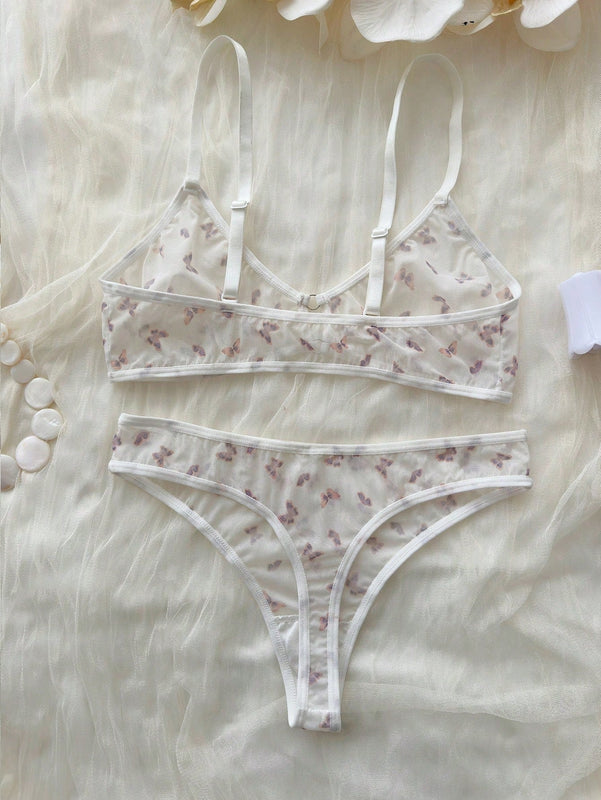 Conjunto De Lenceria Sexy De Malla De Mariposa Con Estampado Floral