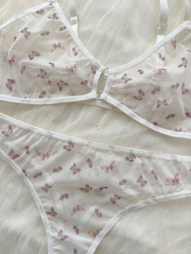 Conjunto De Lenceria Sexy De Malla De Mariposa Con Estampado Floral
