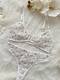 Conjunto De Lenceria Sexy De Malla De Mariposa Con Estampado Floral