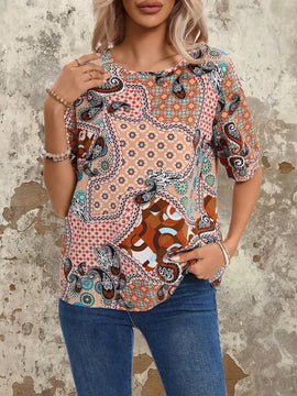EMERY ROSE Camisa De Mujer Con Estampado Floral De Manga Corta Y Cuello Redondo, Camisa De Flores De Verano
