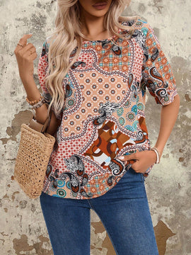 EMERY ROSE Camisa De Mujer Con Estampado Floral De Manga Corta Y Cuello Redondo, Camisa De Flores De Verano