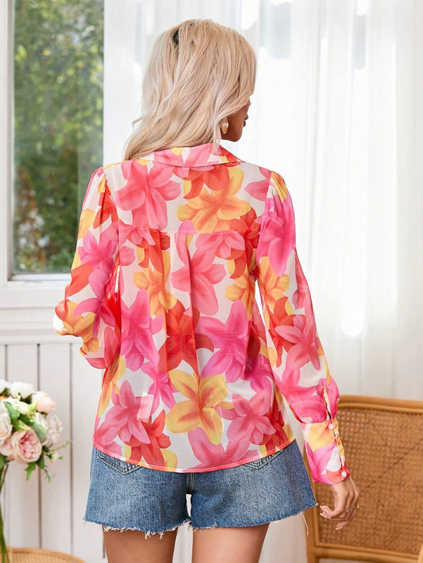 VCAY Blusa de mujer de gasa con estampado floral de estilo de pintura al oleo