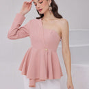 Modely Camisa De Mujer Con Cuello Asimetrico Solido De Boton Hacia Abajo Con Cintura Con Cordon