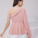 Modely Camisa De Mujer Con Cuello Asimetrico Solido De Boton Hacia Abajo Con Cintura Con Cordon