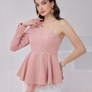 Modely Camisa De Mujer Con Cuello Asimetrico Solido De Boton Hacia Abajo Con Cintura Con Cordon
