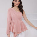 Modely Camisa De Mujer Con Cuello Asimetrico Solido De Boton Hacia Abajo Con Cintura Con Cordon