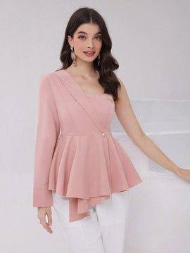 Modely Camisa De Mujer Con Cuello Asimetrico Solido De Boton Hacia Abajo Con Cintura Con Cordon