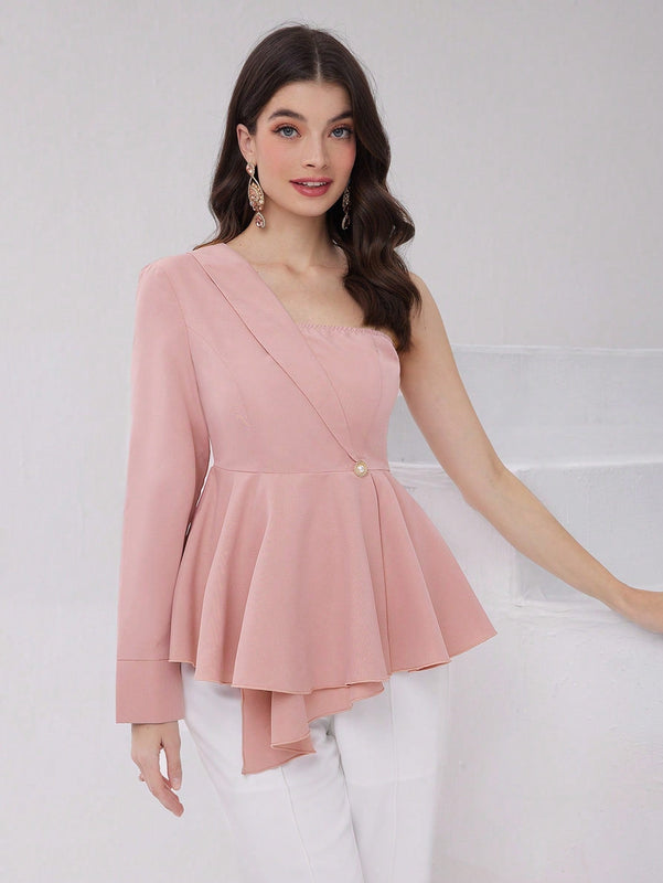 Modely Camisa De Mujer Con Cuello Asimetrico Solido De Boton Hacia Abajo Con Cintura Con Cordon