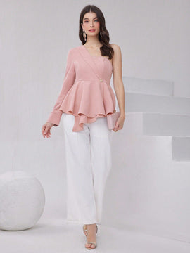 Modely Camisa De Mujer Con Cuello Asimetrico Solido De Boton Hacia Abajo Con Cintura Con Cordon