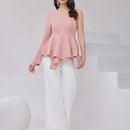 Modely Camisa De Mujer Con Cuello Asimetrico Solido De Boton Hacia Abajo Con Cintura Con Cordon