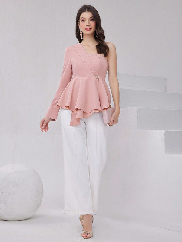Modely Camisa De Mujer Con Cuello Asimetrico Solido De Boton Hacia Abajo Con Cintura Con Cordon