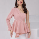 Modely Camisa De Mujer Con Cuello Asimetrico Solido De Boton Hacia Abajo Con Cintura Con Cordon
