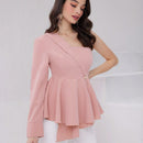 Modely Camisa De Mujer Con Cuello Asimetrico Solido De Boton Hacia Abajo Con Cintura Con Cordon