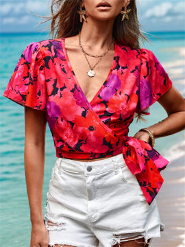 VCAY Camisa Floral Envolvente De Vacaciones Para Mujer Con Lazo En La Parte Delantera