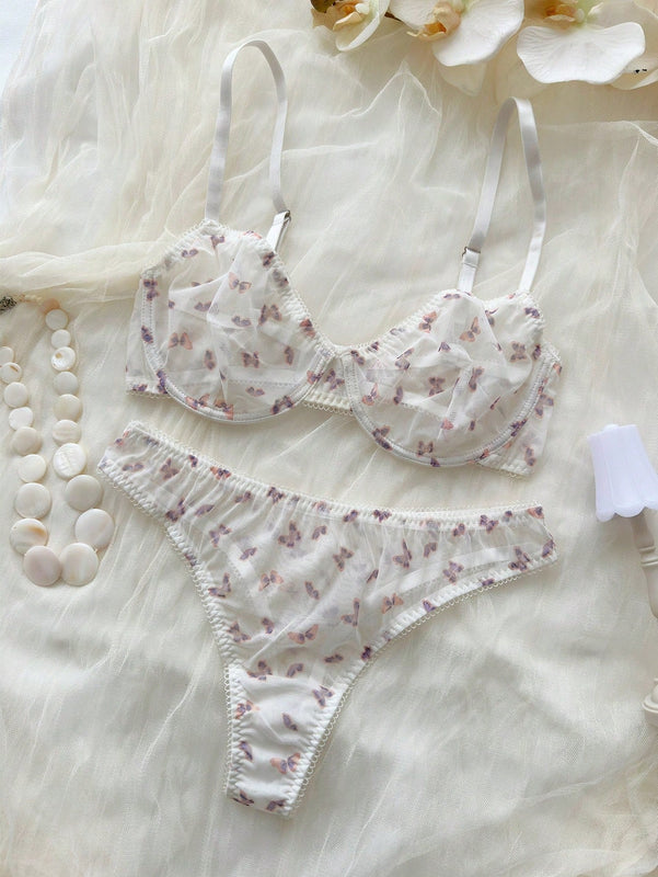 Temporada De Bodas: Conjunto De Sujetador Y Panty Con Forro Y Motivo Mariposas En Tul De Malla Transparente Y Push-up Para Mujer