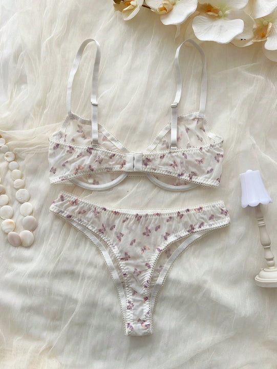 Temporada De Bodas: Conjunto De Sujetador Y Panty Con Forro Y Motivo Mariposas En Tul De Malla Transparente Y Push-up Para Mujer