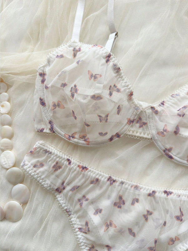 Temporada De Bodas: Conjunto De Sujetador Y Panty Con Forro Y Motivo Mariposas En Tul De Malla Transparente Y Push-up Para Mujer