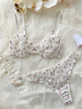 Temporada De Bodas: Conjunto De Sujetador Y Panty Con Forro Y Motivo Mariposas En Tul De Malla Transparente Y Push-up Para Mujer