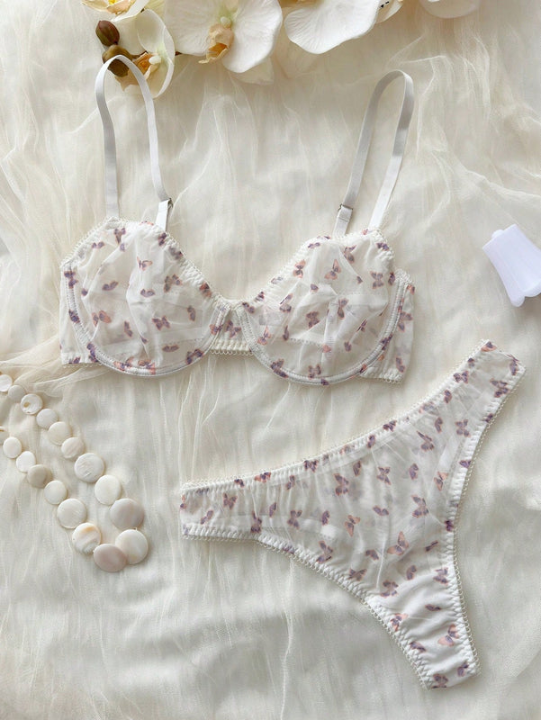 Temporada De Bodas: Conjunto De Sujetador Y Panty Con Forro Y Motivo Mariposas En Tul De Malla Transparente Y Push-up Para Mujer